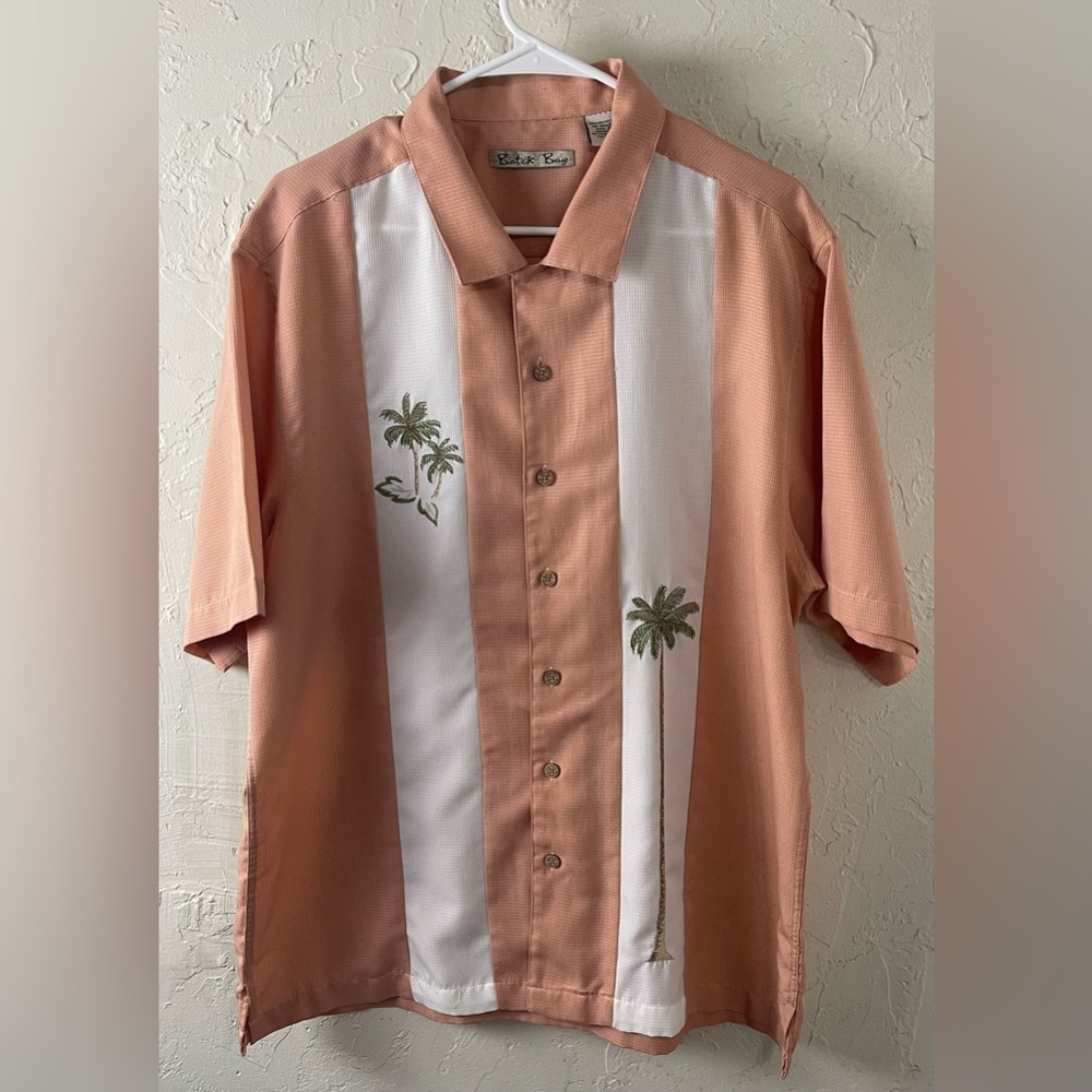 Men's Peach and White Batek Bay  Palm Tree Shirt